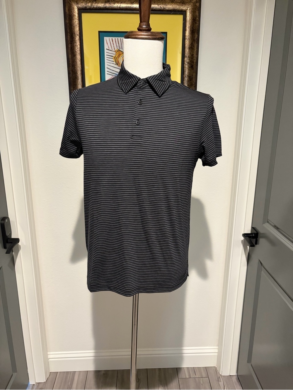 Fresh Clean Threads Men's Striped Short-Sleeve Polo in Black and Gray